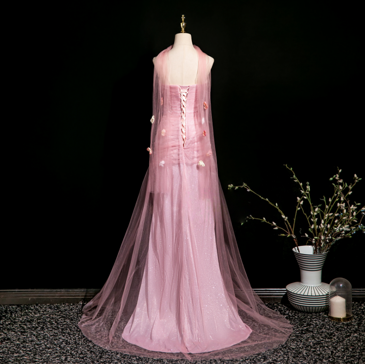 Pink Mermaid Tulle Strapless Flower Long Prom Dress J8158