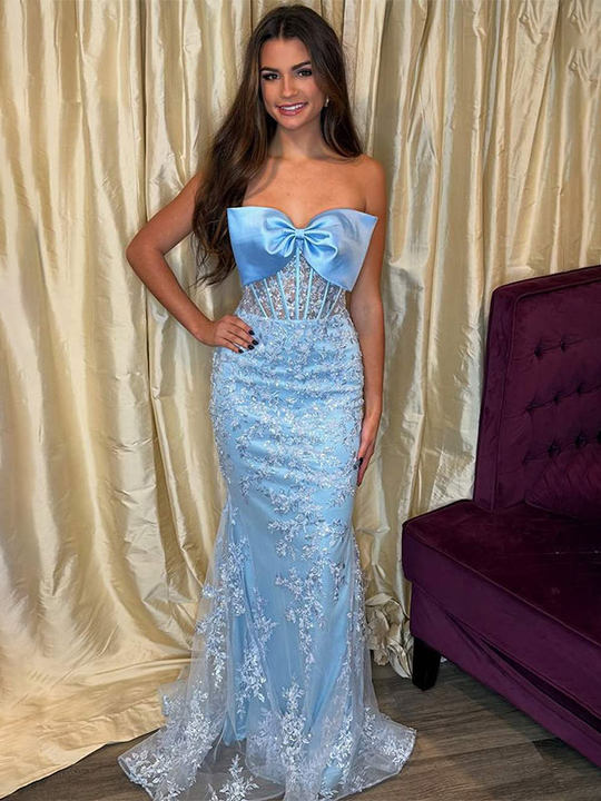 Blue Mermaid Strapless Lace Appliques Long Prom Dress with Bow - FashionDia