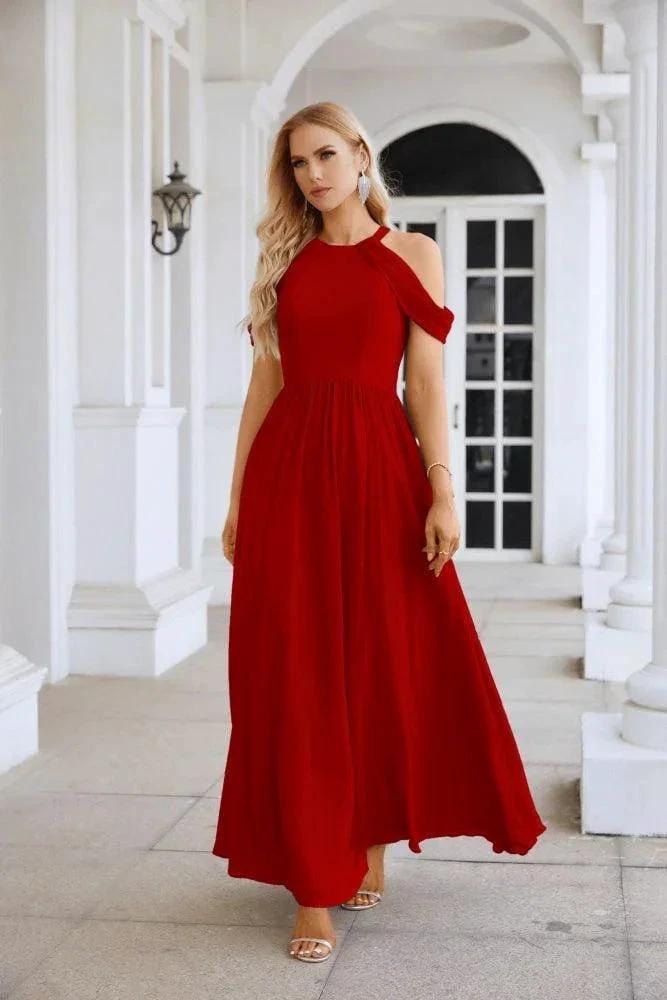 Ladies Chiffon Off Shoulder Swing Sleeve Front Slit Bridesmaid Evening Dress Wedding Party Evening Dress 28117 by numbersea