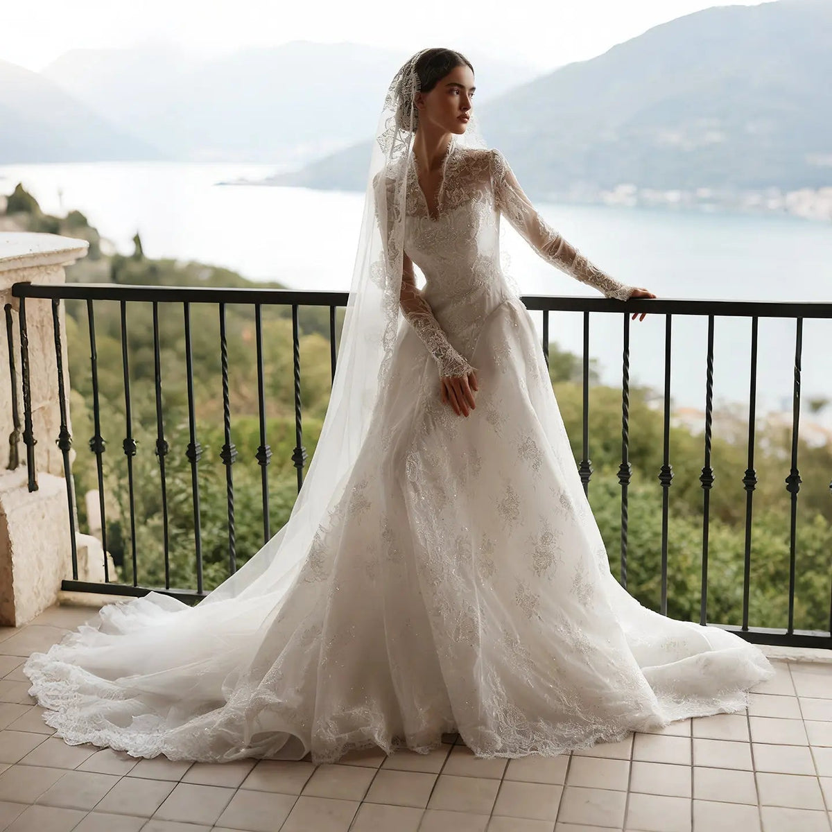 Timeless White Lace V-Neck Long Sleeve Wedding Dress with Cathedral Veil ZP104