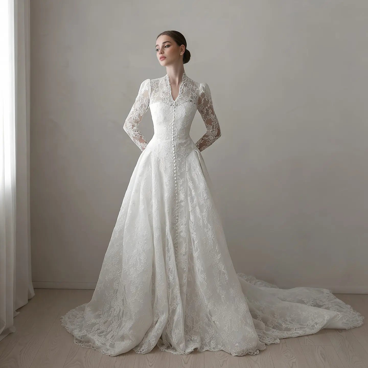 Vintag White Lace High Neck Long Sleeve A-Line Wedding Dress with Train ZP110