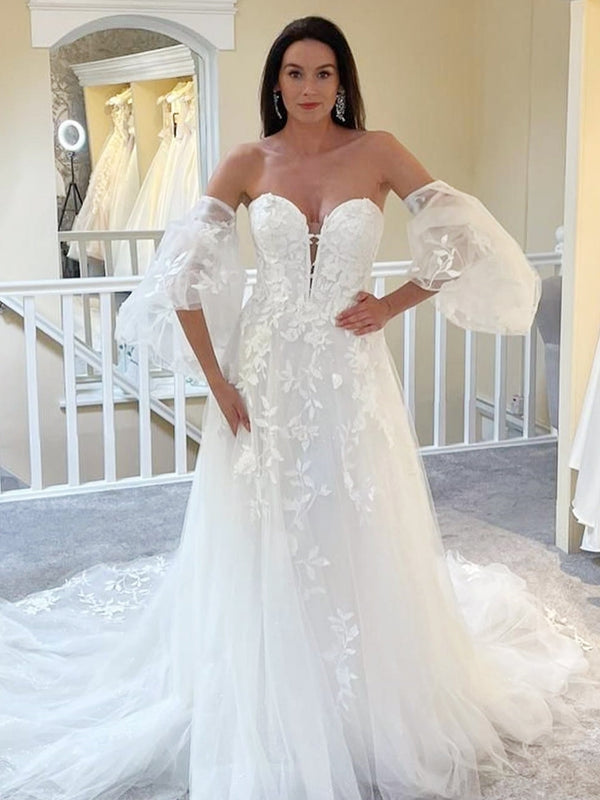 Sweetheart Puff Tulle Sleeve Lace A-Line Tulle Wedding Dress With Chapel Train
