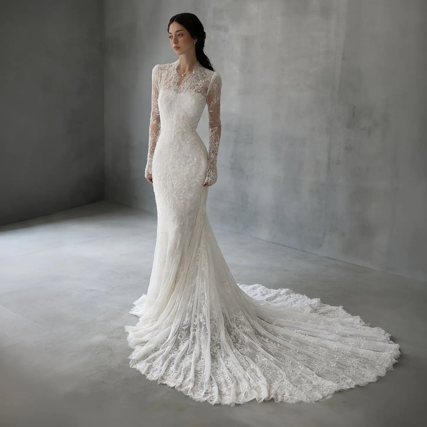 Elegant Ivory Lace High Neck Long Sleeve Train Mermaid Wedding Dress with Veil ZP108