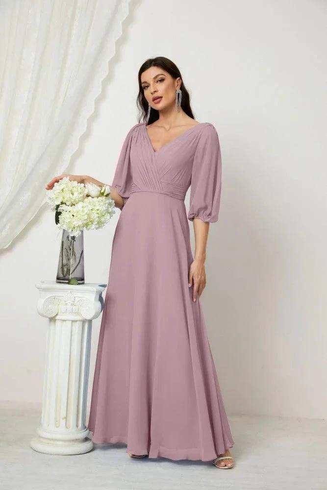 Numbersea Formal Prom Gown Women V-Neck Chiffon Bridesmaid Dresses Long Bishop Sleeve Party Dress 2807 by numbersea
