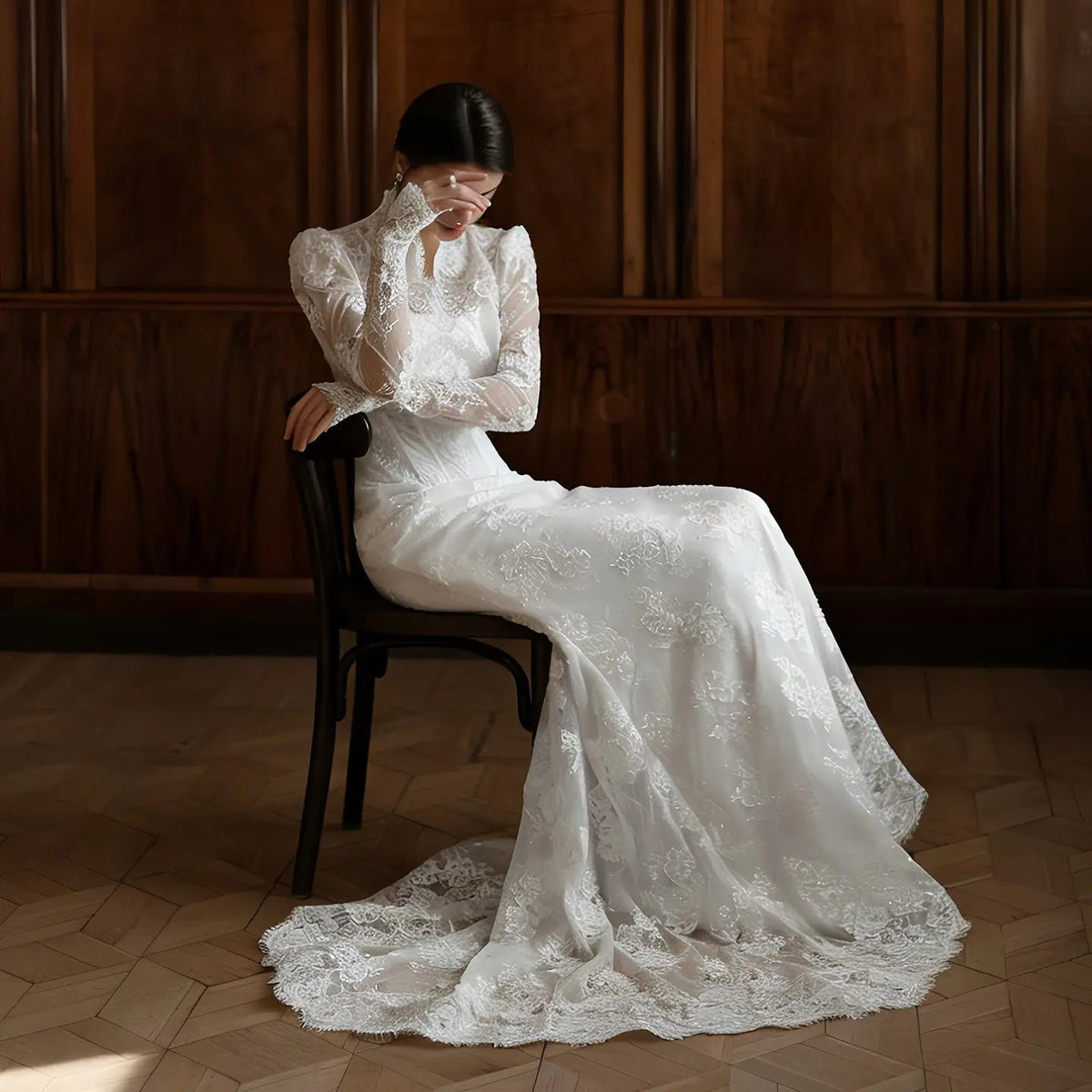 Elegant White Lace High Neck Long Sleeve A-Line Wedding Dress ZP103