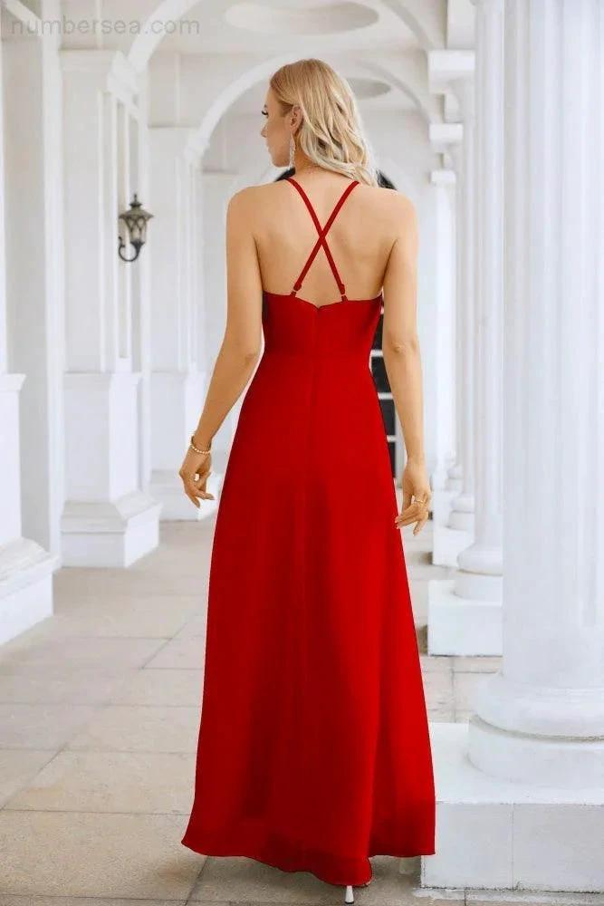 Ladies Chiffon Spaghetti Strap V Neck Front Slit Floor Length Bridesmaid Evening Dress Prom Party Wedding Evening Dress 28116 (ZD17012)
