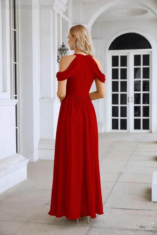 Ladies Chiffon Off Shoulder Swing Sleeve Front Slit Bridesmaid Evening Dress Wedding Party Evening Dress 28117 (ZD17011)