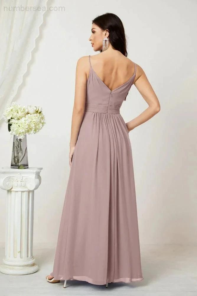 ZapDress Chiffon V-Neck Bridesmaid Dress Spaghetti Strap Long Formal Party Prom Gowns with Slit 28010 (ZD17028)