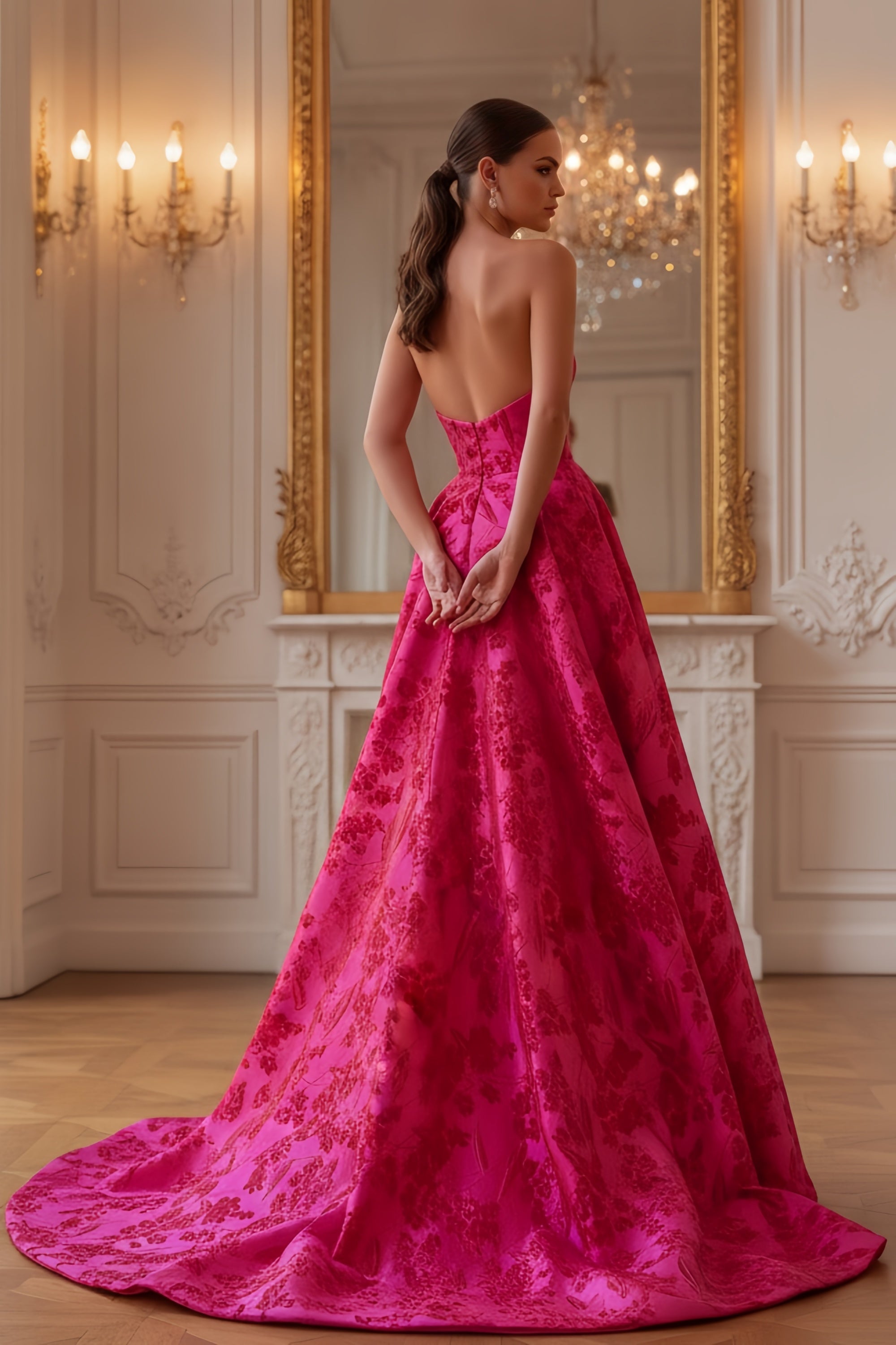 Elegant Strapless Floral Jacquard Evening Gown with Front Slit