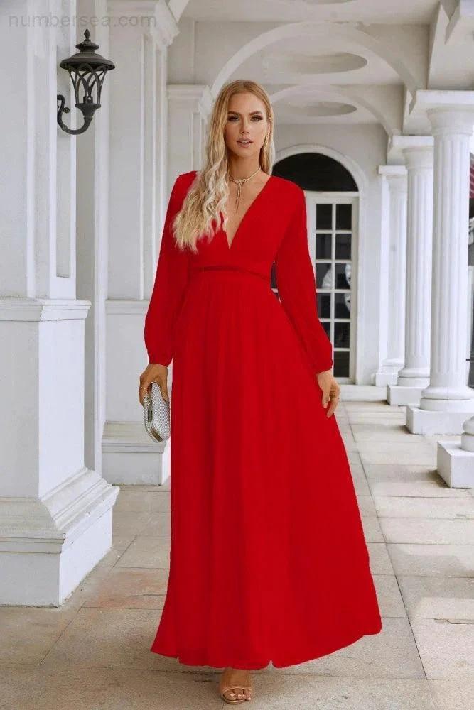 Ladies V Neck Chiffon Long Sleeve Front Slit Bridesmaid Evening Dress Wedding Party Shopping Evening Dress 28109 (ZD16991)