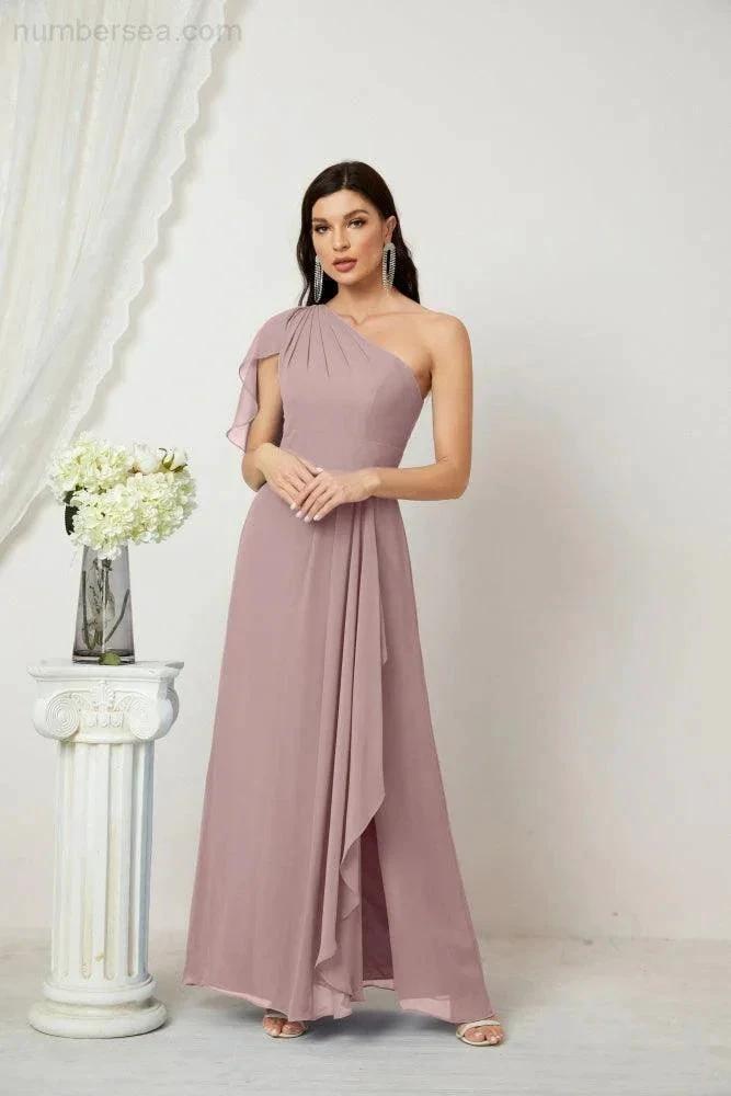 ZapDress  Chiffon Ruffled One Shoulder Long Bridesmaid Dresses A-line Formal Evening Gown Side Split 2809 (ZD17049)
