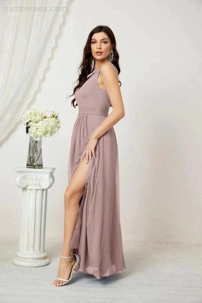 ZapDress Chiffon V-Neck Bridesmaid Dress Spaghetti Strap Long Formal Party Prom Gowns with Slit 28010 (ZD17028)
