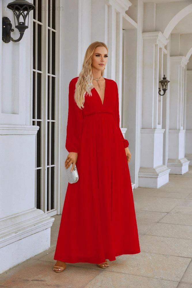 Ladies V Neck Chiffon Long Sleeve Front Slit Bridesmaid Evening Dress Wedding Party Shopping Evening Dress 28109 (ZD16991)
