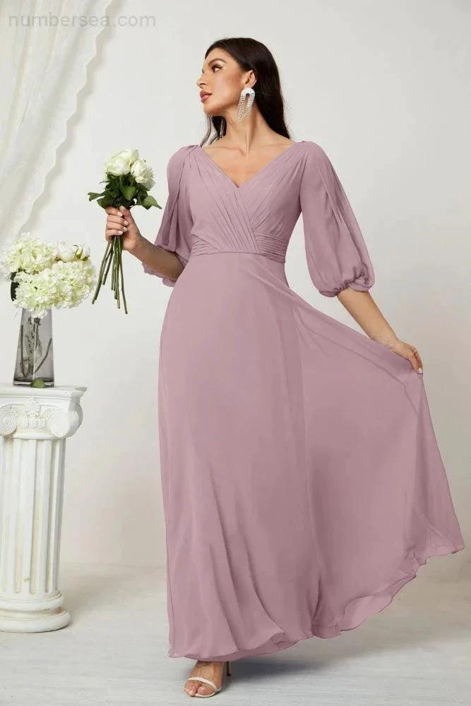 ZapDress  Formal Prom Gown Women V-Neck Chiffon Bridesmaid Dresses Long Bishop Sleeve Party Dress 2807 (ZD17027)