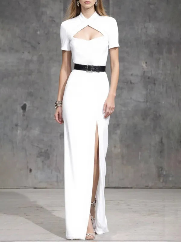 Cocktail Party Dress White Small Stand Collar Slit Floor-Length Dress