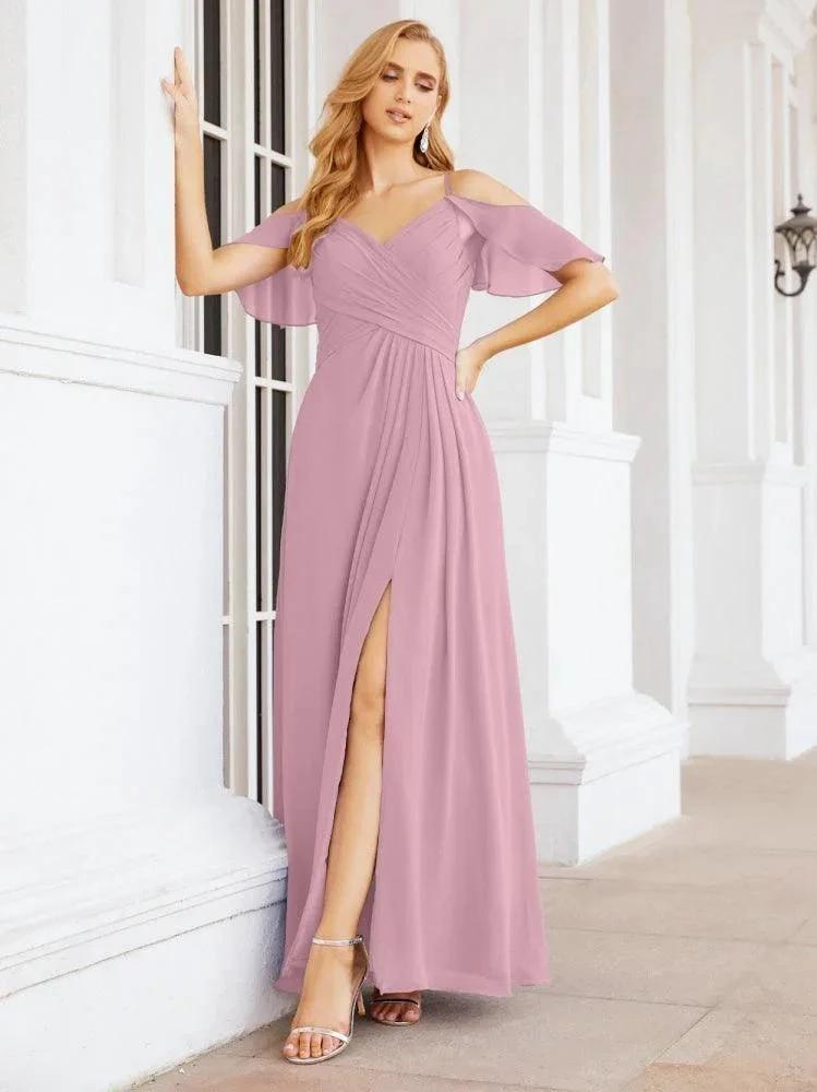 Numbersea Cold Shoulder Long Bridesmaid Dresses Side Slit Formal Prom Gowns Party Wedding 28070 by numbersea
