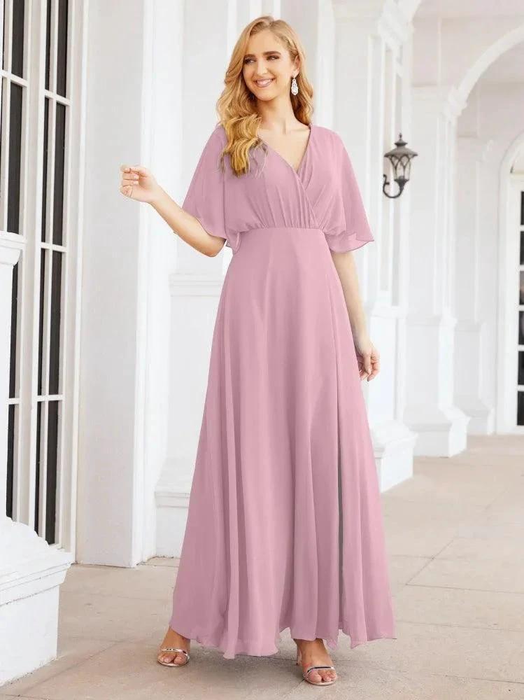 Numbersea V-Neck Bridesmaid Dress Chiffon Long Open Back Formal Dresses for Women Party Evening 28067 by numbersea