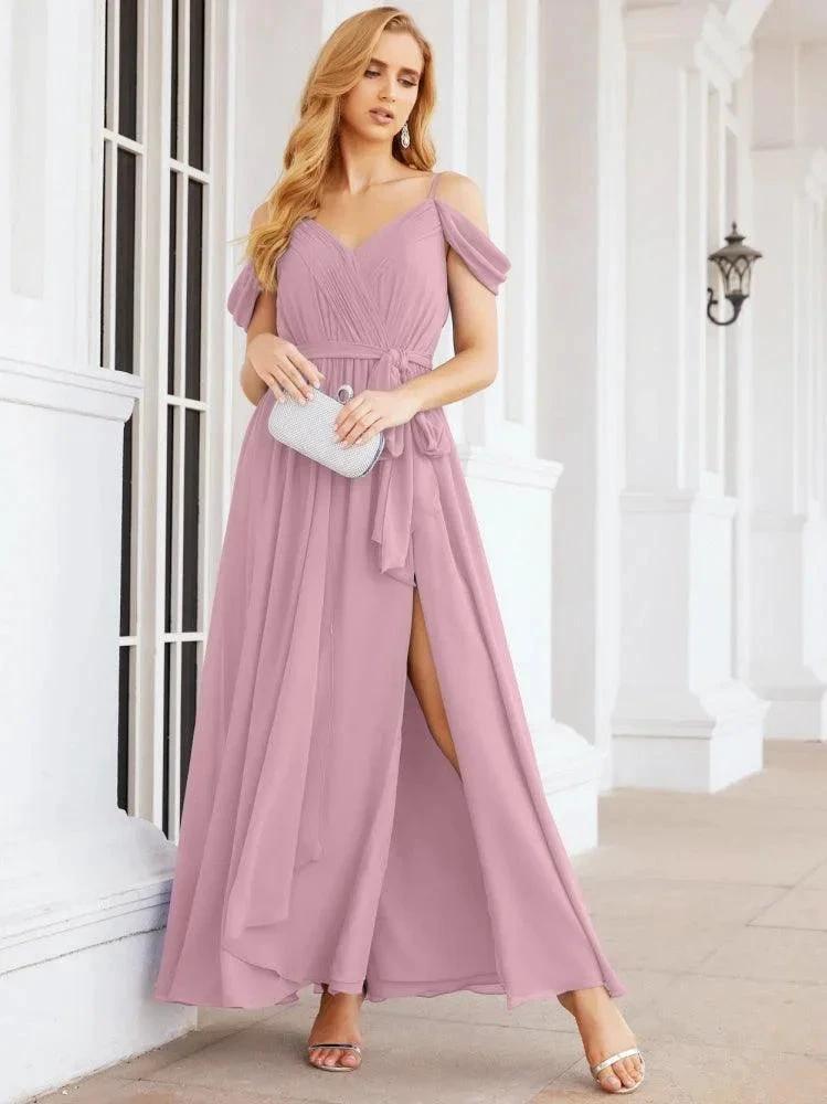 Numbersea Off The Shoulder Chiffon Bridesmaid Dress Long Formal Graduation Gown with Cowl Back 28069 by numbersea