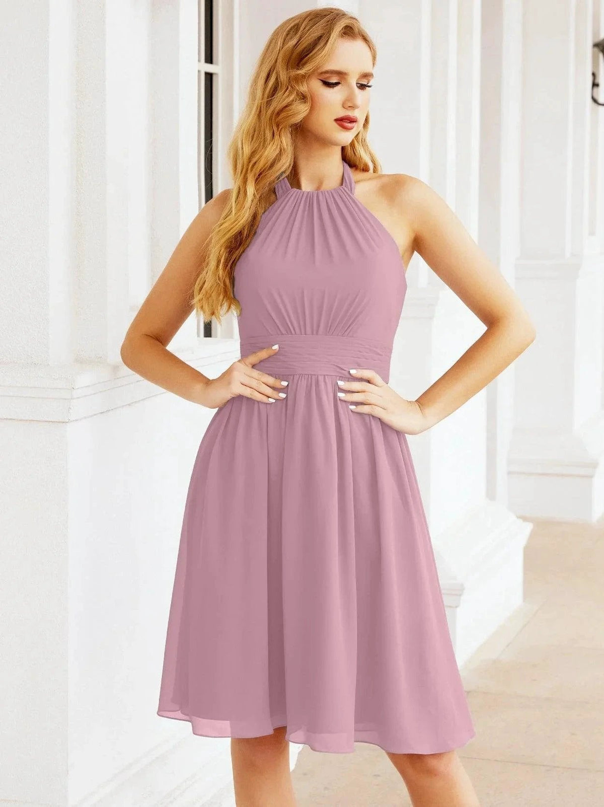 ZapDress Halter Chiffon Bridesmaid Dresses Short Sleeveless Formal Party Dress Open Back 28023 (ZD16957)