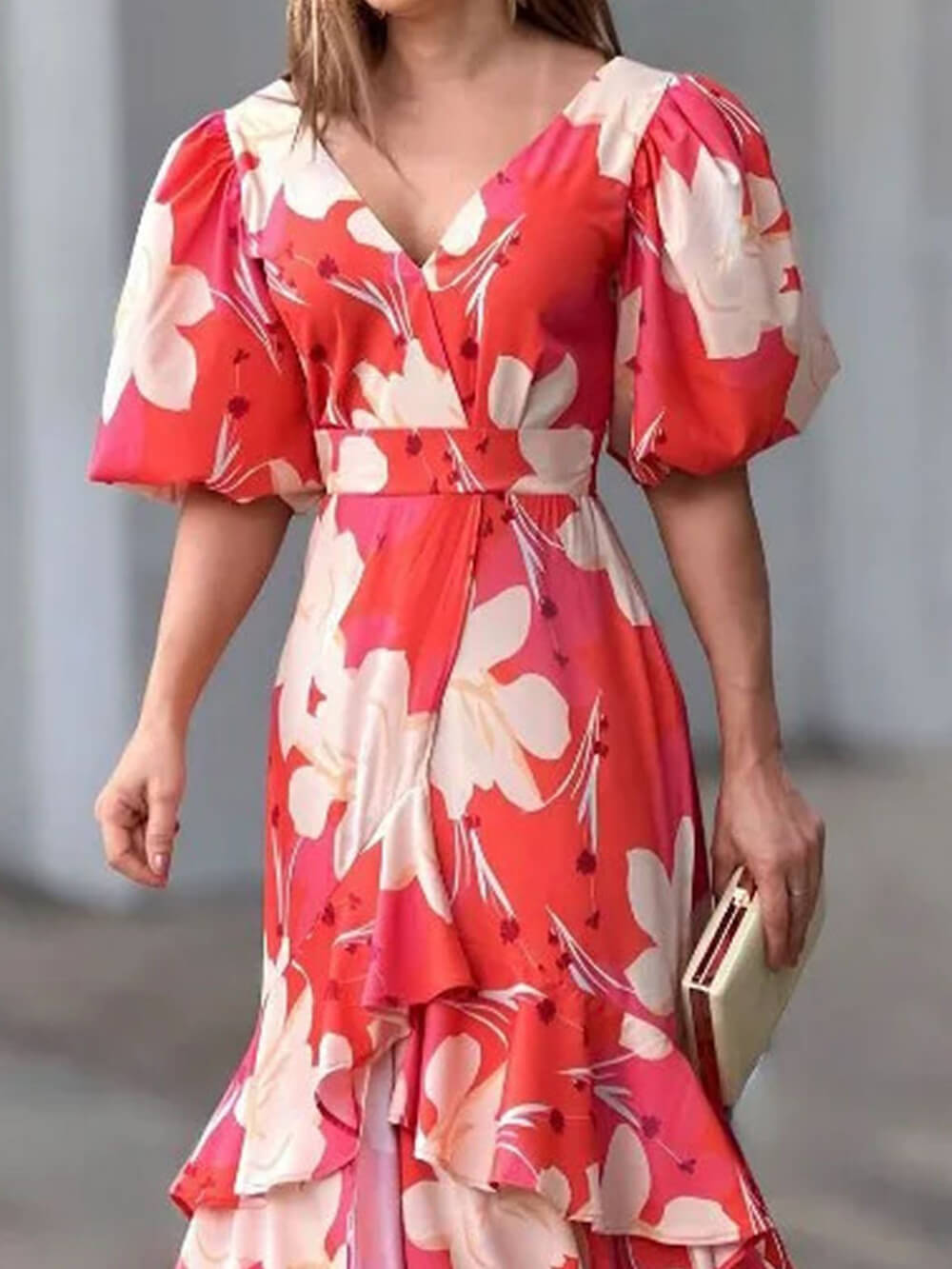 Elegant V Neck Printed Layered Dress