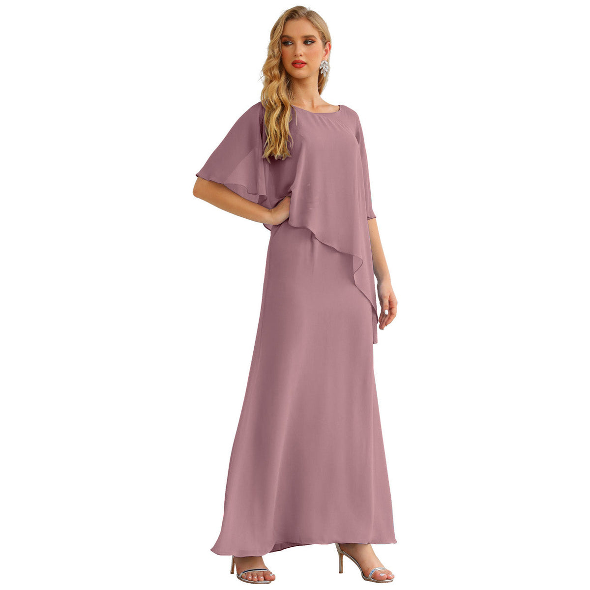 Sunnderly Chiffon Plus Size Mother of The Bride Dresses Formal Prom Gown Ruffle Cape - View 6 | VelvetHem