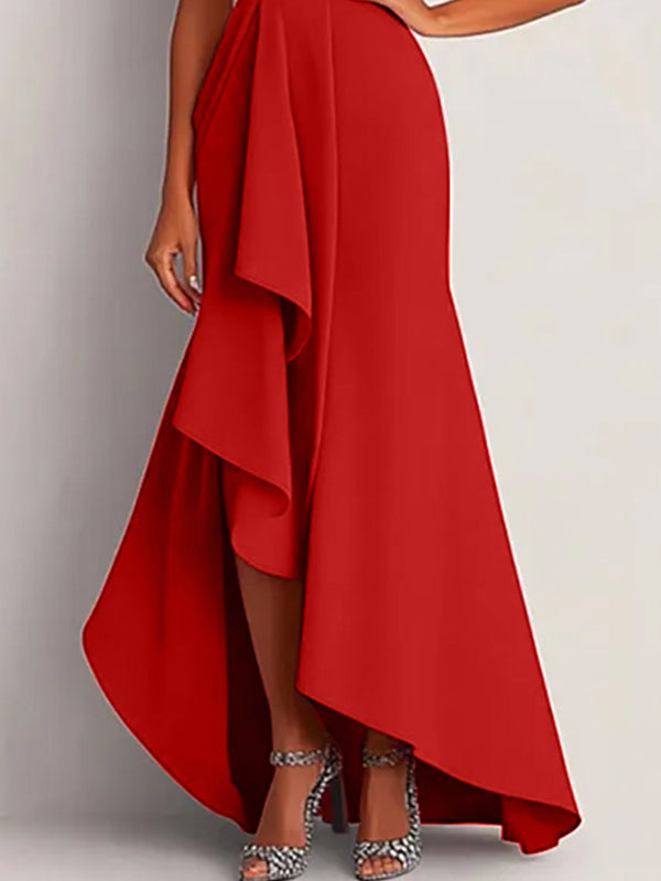 Formal Dress Red One-Shoulder Asymmetrical Floor-Length Gown - View 3 | FashionDia