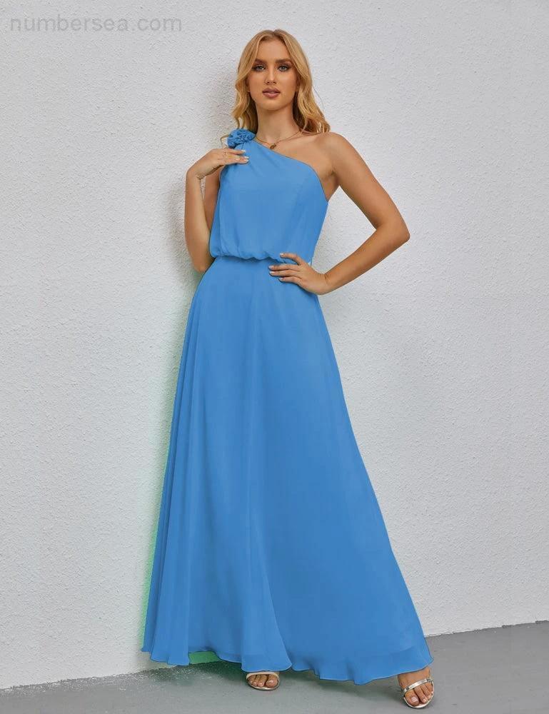 Ruffled One Shoulder Sleeveless Long Bridesmaid Dresses A-line Formal Evening Gown Side Split 28080 (ZD17018)