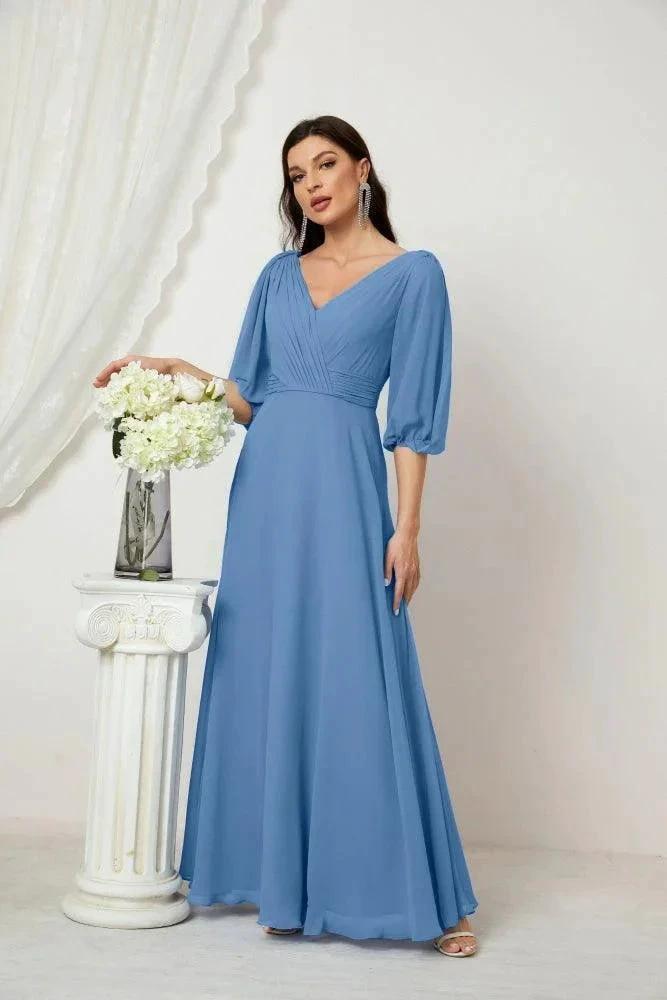 Numbersea Formal Prom Gown Women V-Neck Chiffon Bridesmaid Dresses Long Bishop Sleeve Party Dress 2807 by numbersea