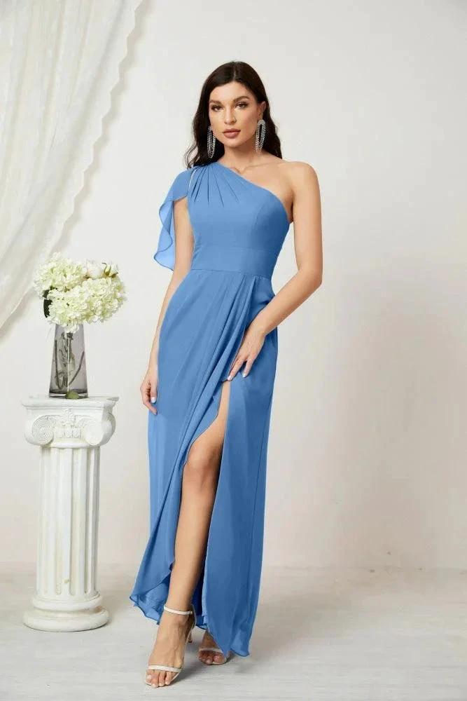 Numbersea Chiffon Ruffled One Shoulder Long Bridesmaid Dresses A-line Formal Evening Gown Side Split 2809 by numbersea