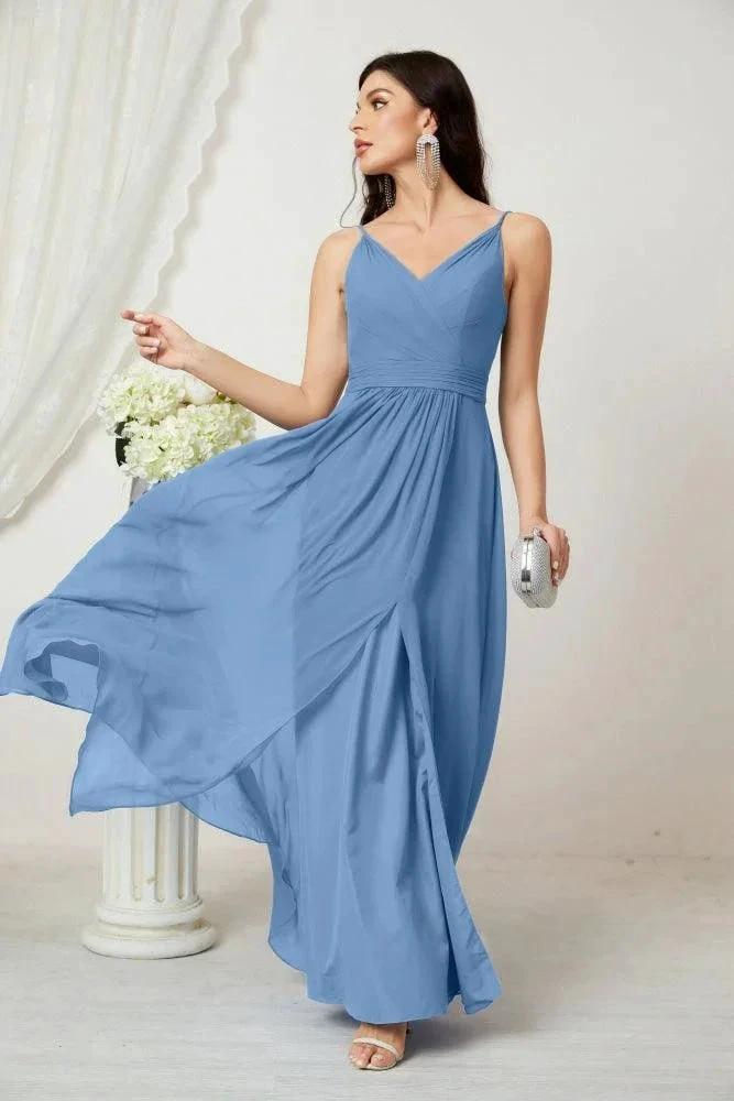 Numbersea Chiffon V-Neck Bridesmaid Dress Spaghetti Strap Long Formal Party Prom Gowns with Slit 28010 by numbersea