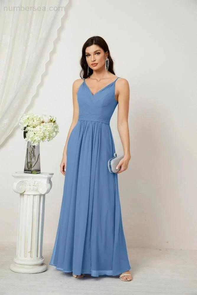 ZapDress Chiffon V-Neck Bridesmaid Dress Spaghetti Strap Long Formal Party Prom Gowns with Slit 28010 (ZD17028)