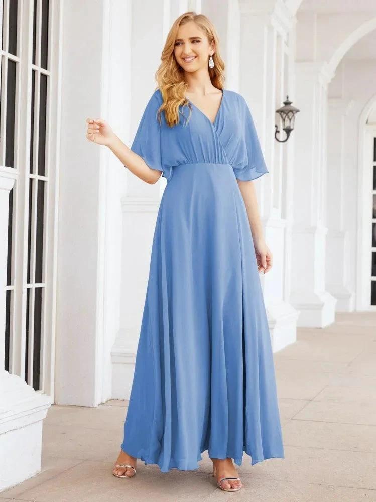 Numbersea V-Neck Bridesmaid Dress Chiffon Long Open Back Formal Dresses for Women Party Evening 28067 by numbersea