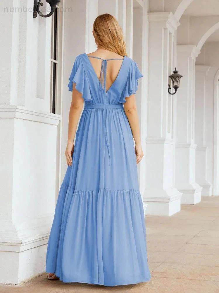 ZapDress Women's Open Back Formal Evening Party Prom Gowns V-Neck Long Chiffon Bridesmaid Dresses with Waist Belt 28038 (ZD17000)