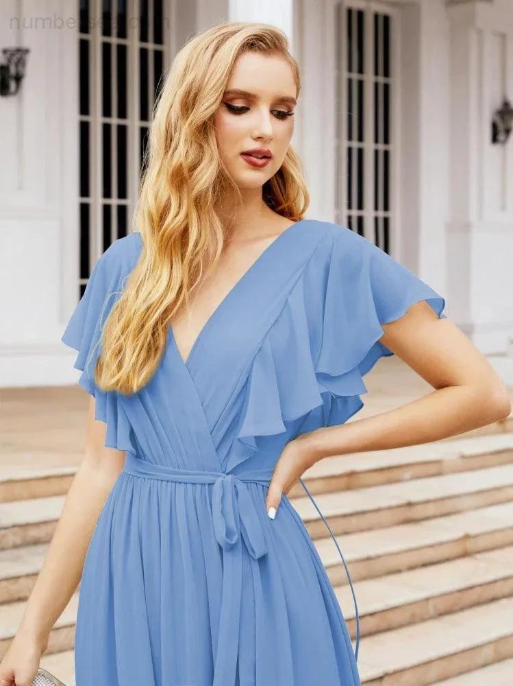 ZapDress Women's Open Back Formal Evening Party Prom Gowns V-Neck Long Chiffon Bridesmaid Dresses with Waist Belt 28038 (ZD17000)