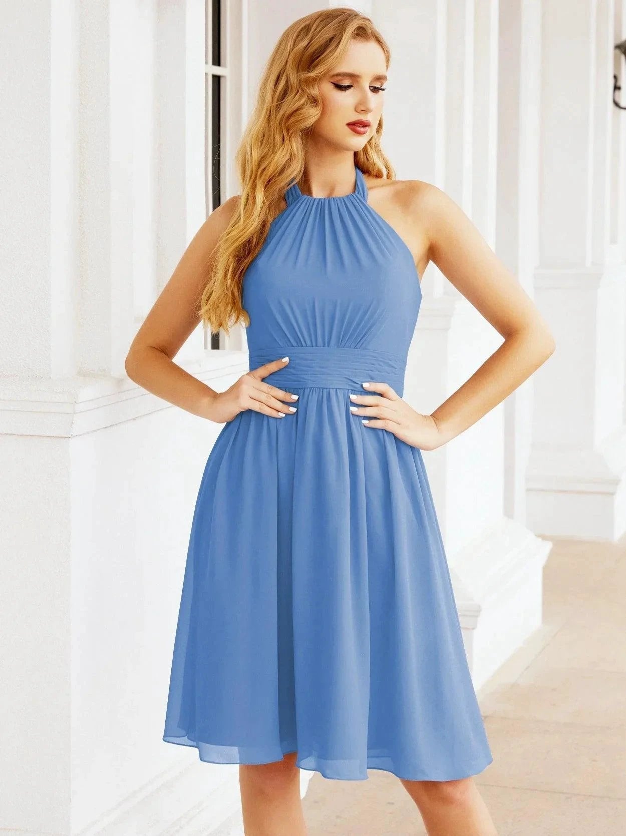 ZapDress Halter Chiffon Bridesmaid Dresses Short Sleeveless Formal Party Dress Open Back 28023 (ZD16957)