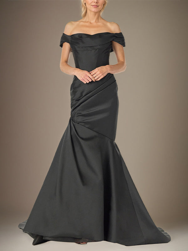 Black Trumpet/Mermaid Off-the-Shoulder Floor-Length Sleeveless Mother Of The Bride Dress - FashionDia