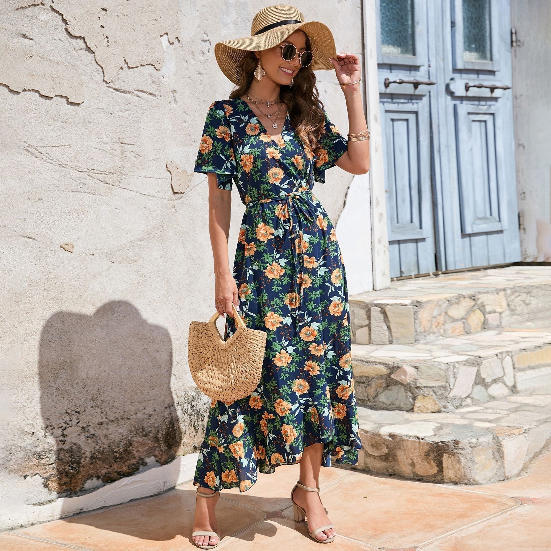 Beachy V - Neck Short Sleeve Dress with High Waist