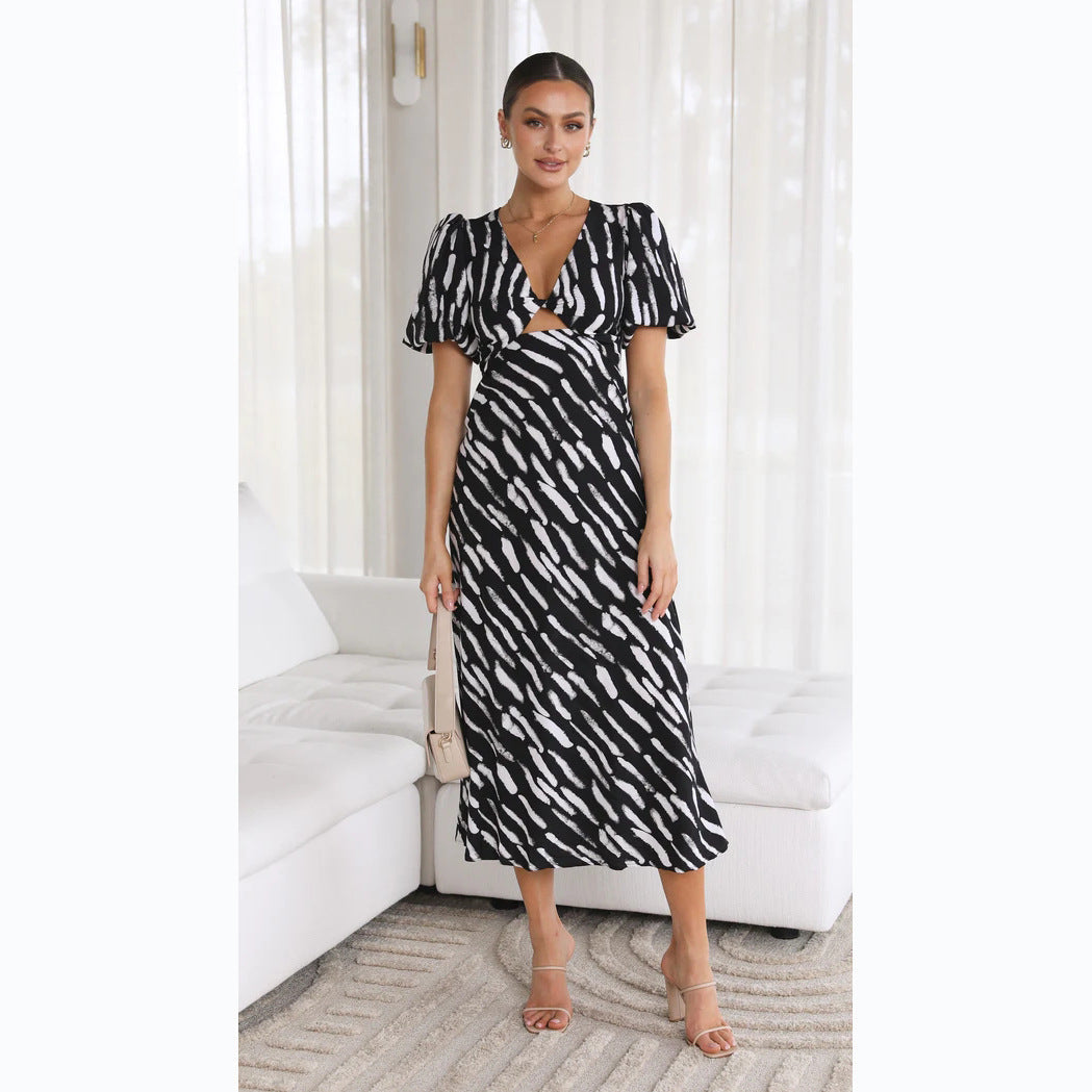 Printed V Neck A Line Midi Dress for a Fresh Style