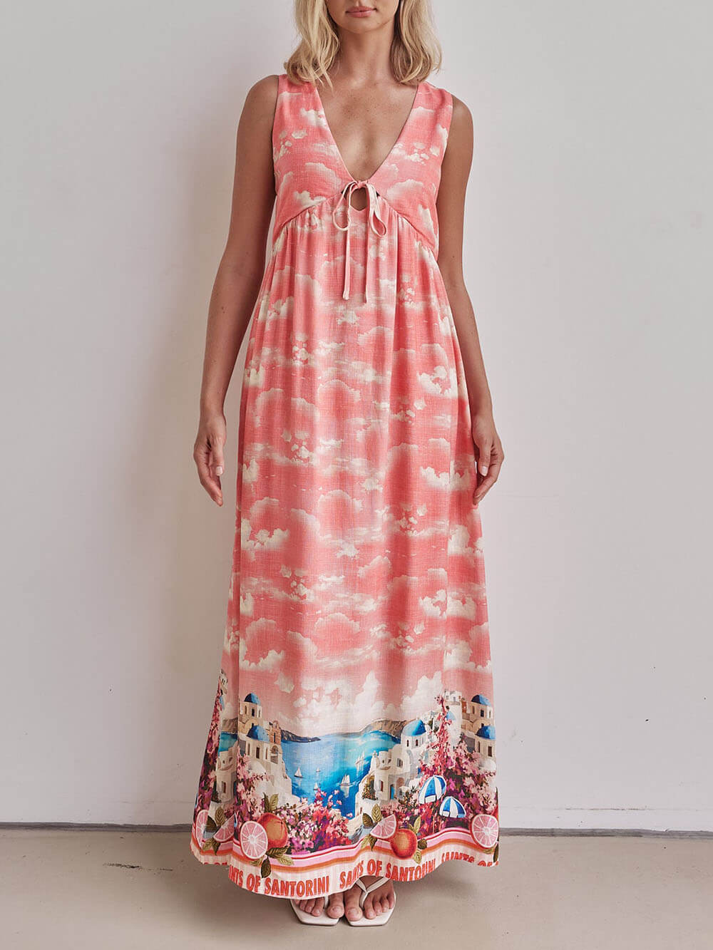 Unique Ink Print V Neck Lace Up Loose Fitting A Line Maxi Dress