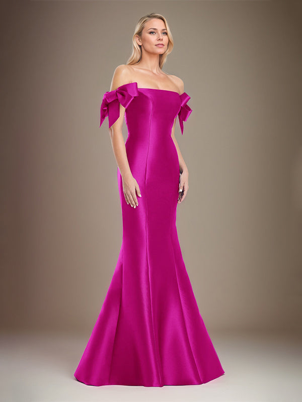 Trumpet/Mermaid Off The Shoulder Floor Length Satin Mother Of The Bride Dress With Bow Sleeves