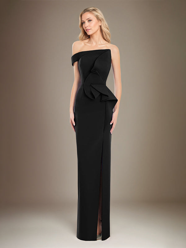 Black Sheath/Column Off The Shoulder Stretch Crepe Mother Of The Bride Dress With High Slit