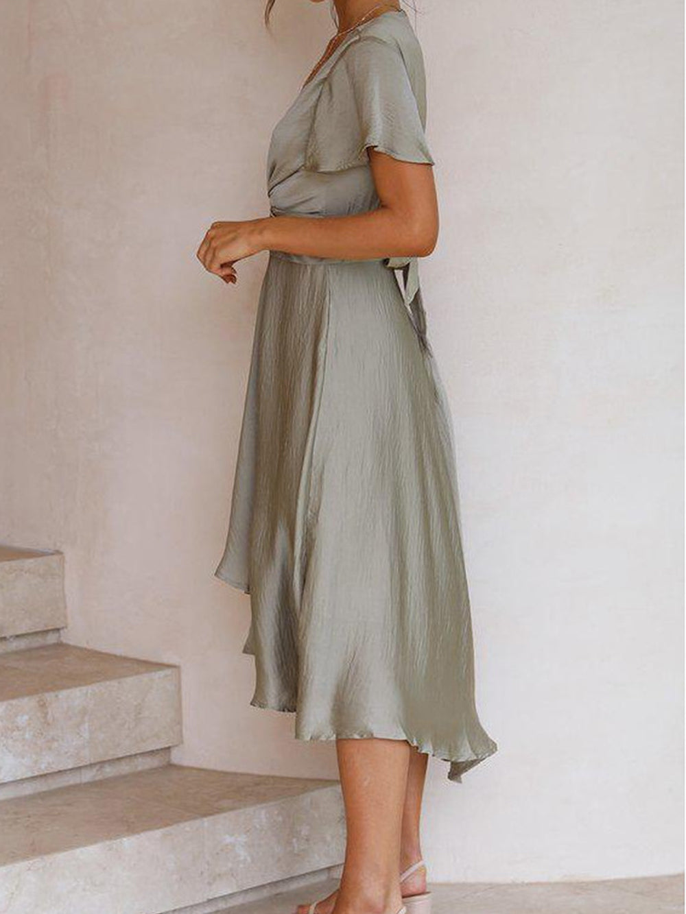 Sage Satin Maxi Wrap Dress: Twist Front Cutout