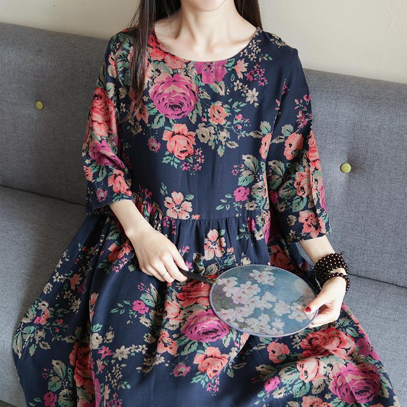 O Neck Cotton Linen Robes Work Outfits Navy Prints Dress