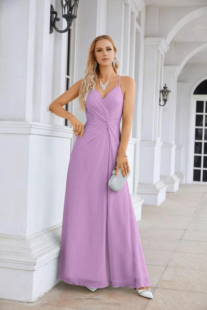 Ladies Chiffon Spaghetti Strap V Neck Front Slit Floor Length Bridesmaid Evening Dress Prom Party Wedding Evening Dress 28116 by numbersea