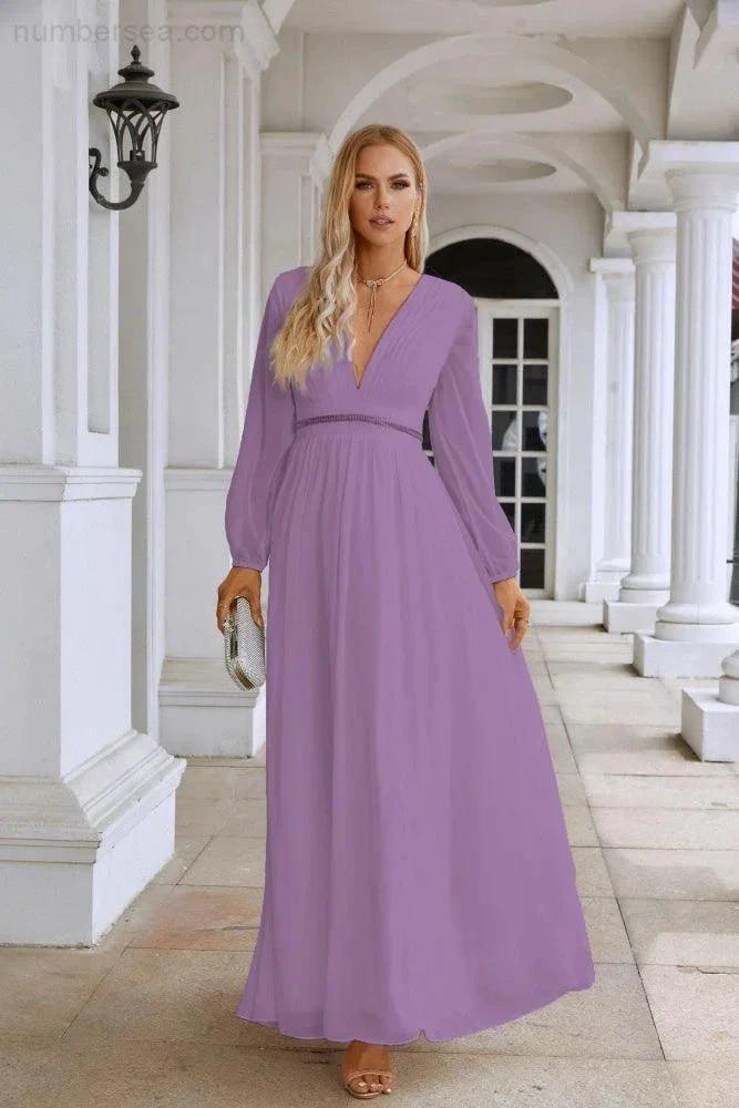 Ladies V Neck Chiffon Long Sleeve Front Slit Bridesmaid Evening Dress Wedding Party Shopping Evening Dress 28109 (ZD16991)