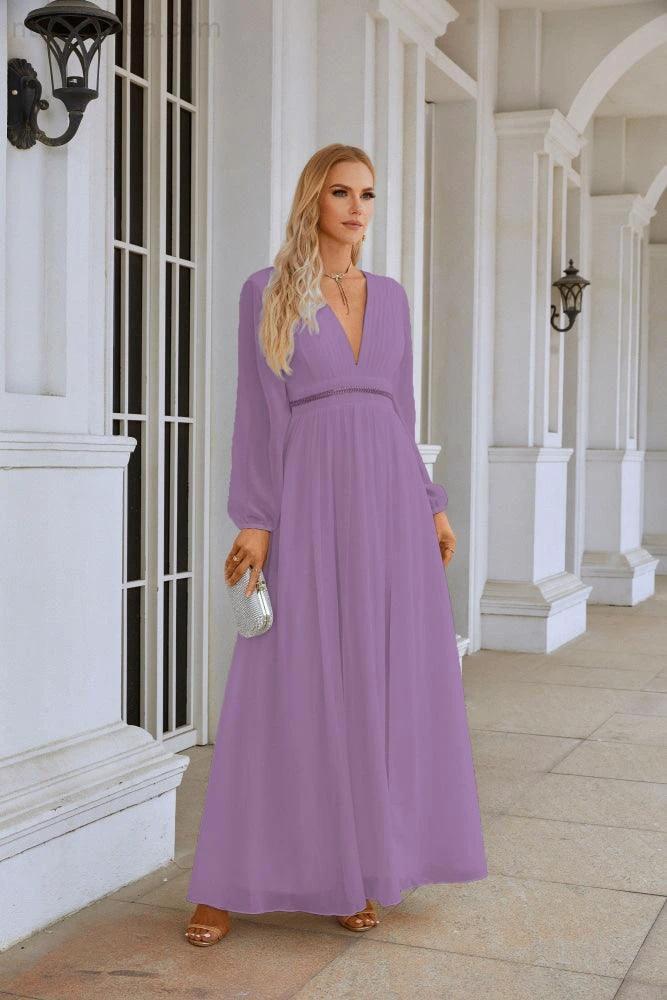 Ladies V Neck Chiffon Long Sleeve Front Slit Bridesmaid Evening Dress Wedding Party Shopping Evening Dress 28109 (ZD16991)