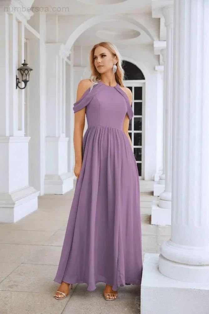 Ladies Chiffon Off Shoulder Swing Sleeve Front Slit Bridesmaid Evening Dress Wedding Party Evening Dress 28117 (ZD17011)