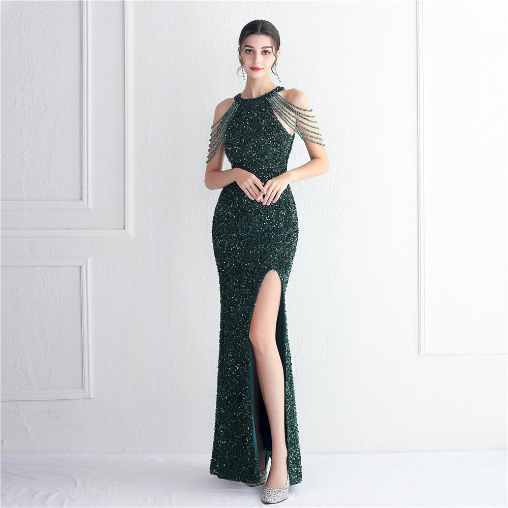 Heavy Industry Micro Glass Bead Craft Beaded Cocktail Evening Dress Elegant Long Halter Split Sequ - View 2 | VelvetHem