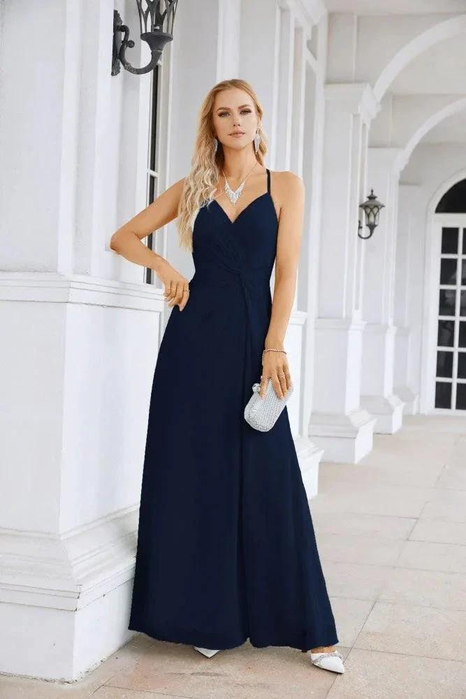 Ladies Chiffon Spaghetti Strap V Neck Front Slit Floor Length Bridesmaid Evening Dress Prom Party Wedding Evening Dress 28116 by numbersea