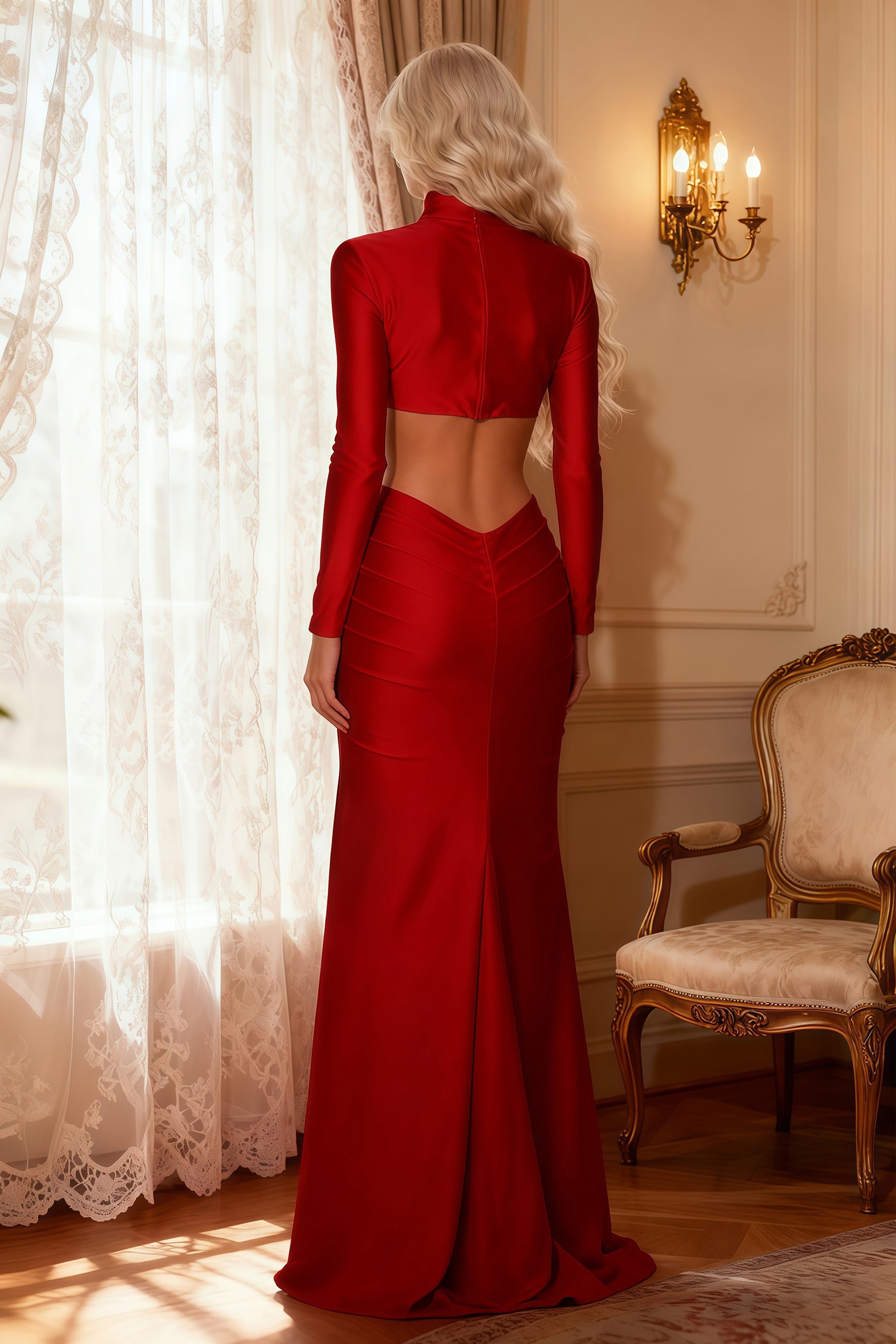 High Neck Long Sleeve Cutout Maxi Dress with Rosette Accent